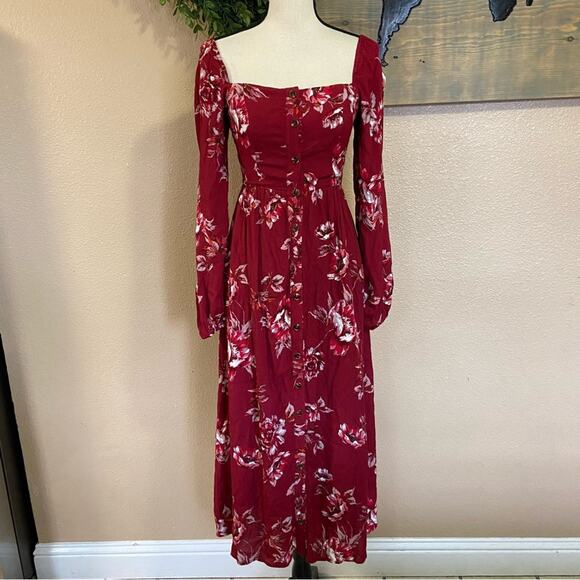 NWOT Lulus Total Perfection Burgundy Floral Print Tie-Back Midi Dress - Picture 2 of 11